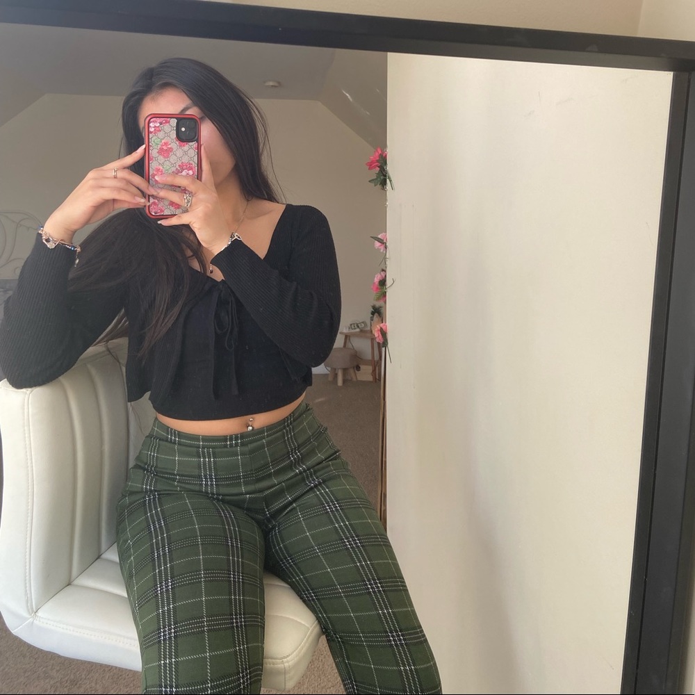 Popular Basics Green Plaid Skinny Pants